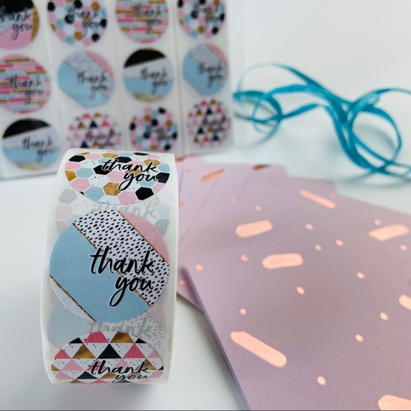 500 Thank You Stickers. Pink Black Gold Mixed Pattern. Envelope Seals 1 Roll. - Picture 2 of 9